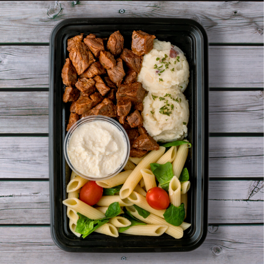 Steak Penne Alfredo w/ Mashed Potatoes